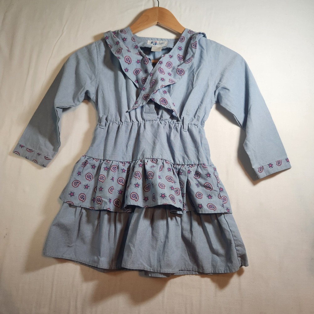 Vintage western Gitano Girls Blue Paisley Tiered Ruffle Sailor Collar Dress 5x